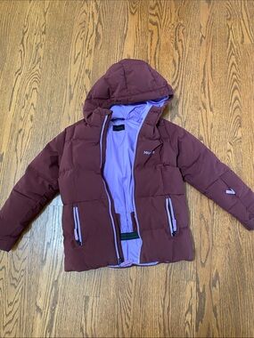 Marmot Kids Hooded Puffer Jacket in Plum with Lilac Lining Sz L